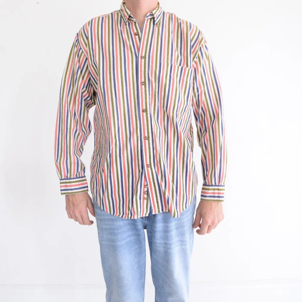Vintage 90s Eddie Bauer Blue Coral Stripe Button Down Dress Shirt 100% Cotton M
